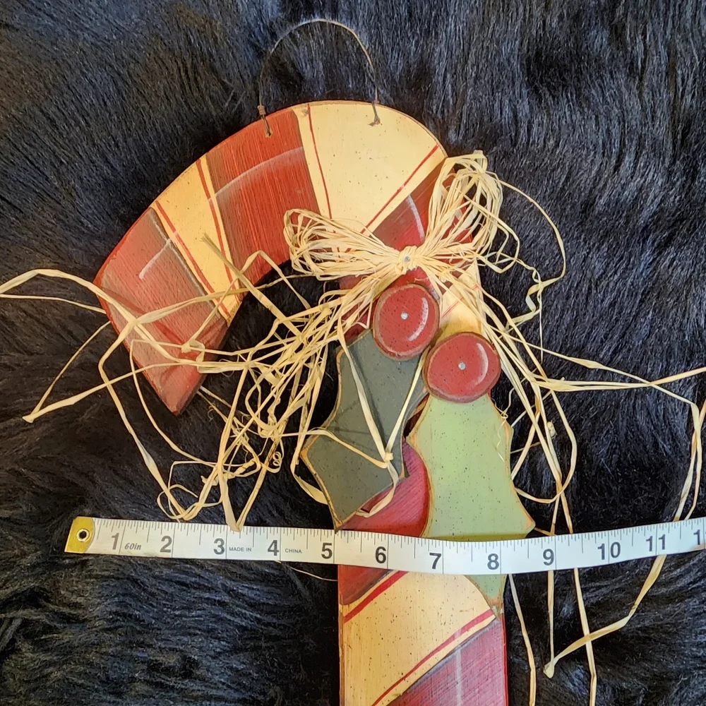 Vintage Rustic Wooden Candy Cane and Holly Door Hanger